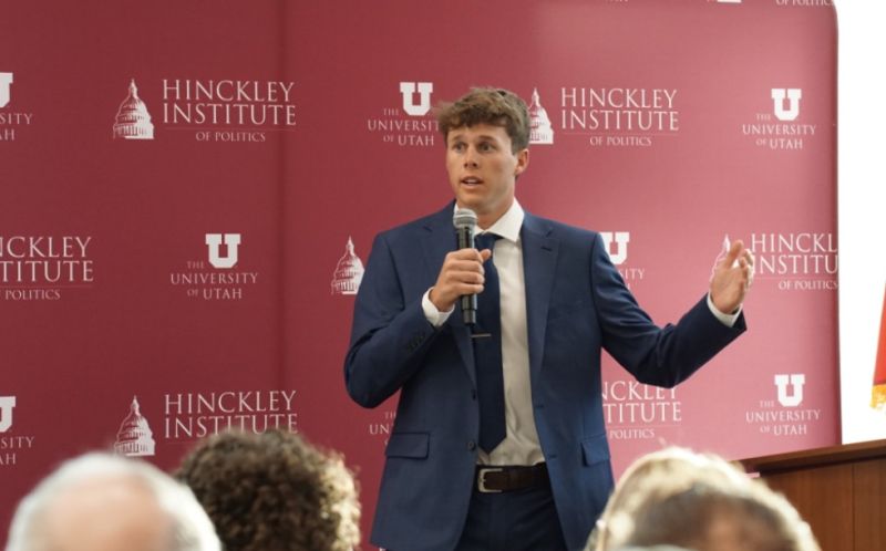 Zac Frailey speaking at the Hinckley Institute of Politics.