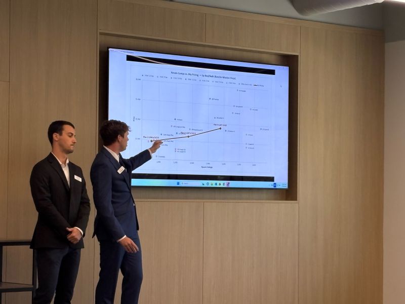 Zac Frailey points at a pricing scatter plot of private comps while a teammate stands beside him.