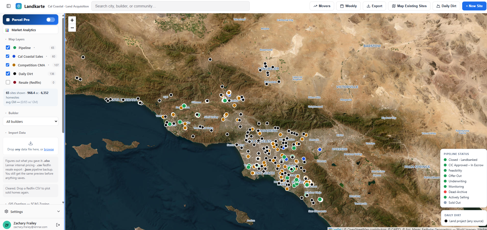 Landkarte map of Southern California showing pipeline, Cal Coastal sales, competition CMA, and daily dirt.