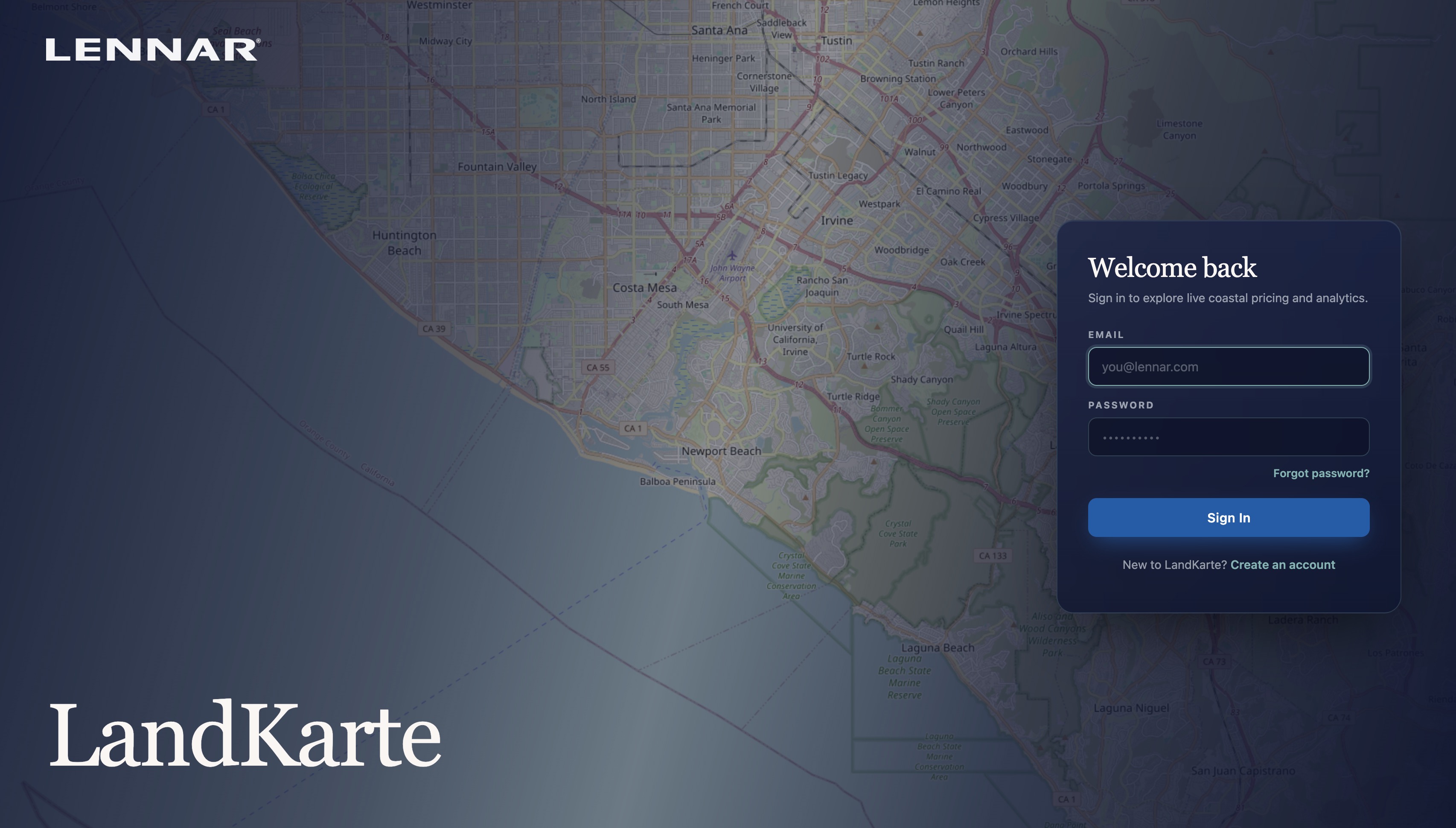 Landkarte sign-in over a map of coastal Orange County, with the Lennar logo.